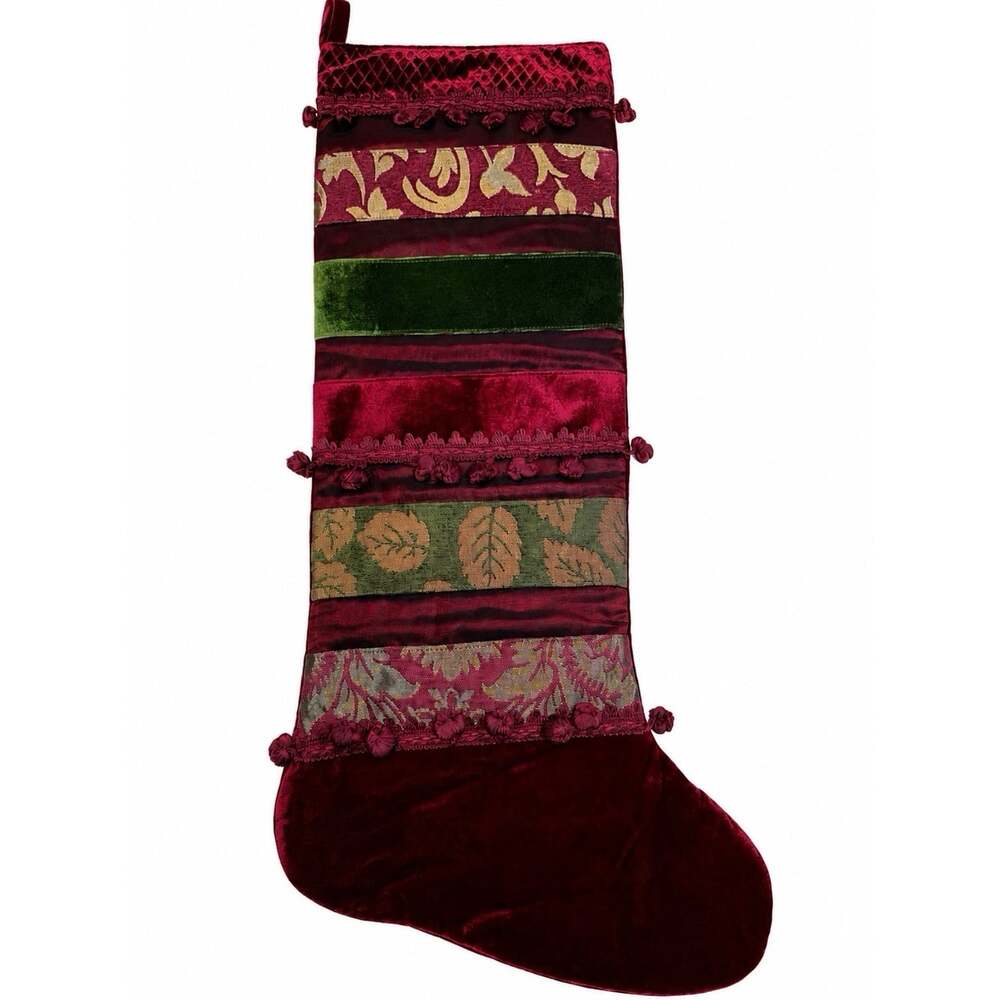 Vtg Jumbo Christmas Stocking 33" Velvet Jacquard Front Tiered Gift Pockets Poms